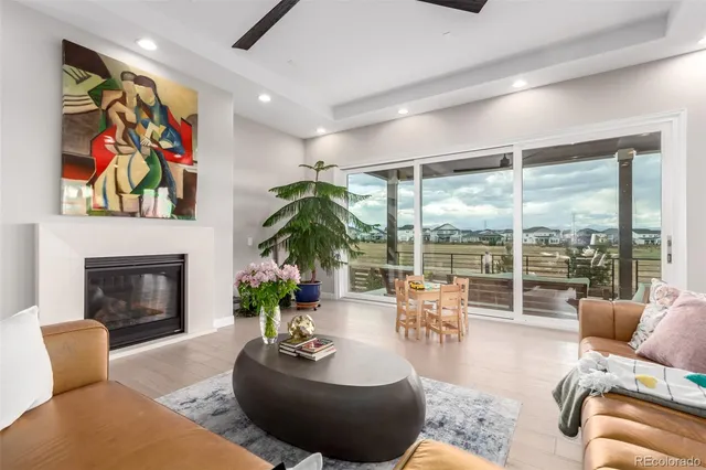 a living room with furniture fireplace and potted plants