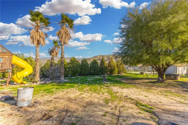 a view of a fountain in the yard with palm trees