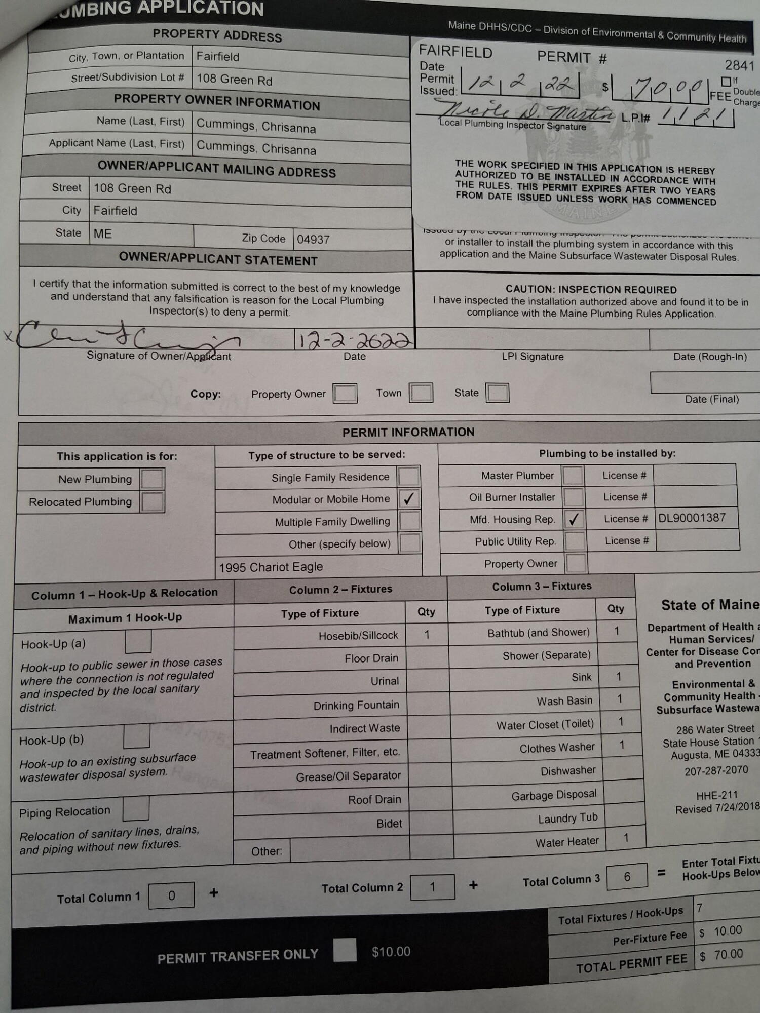 108 Green Road Fairfield, ME 04937 - Photo 14 of 17 0424 plumbing permit
