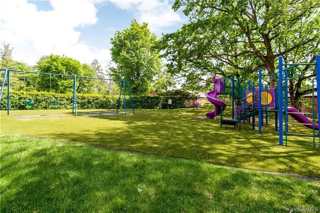 a view of a park with large trees