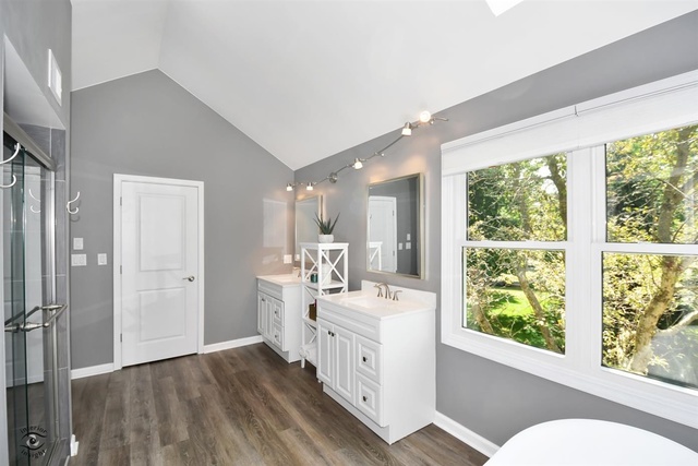 1536 Carlyle Road Naperville, IL 60564 - Photo 33 of 65 a bathroom with a double vanity sink a mirror and a shower