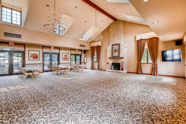 1536 Carlyle Road Naperville, IL 60564 - Photo 57 of 65 a living room with furniture a chandelier and a fireplace