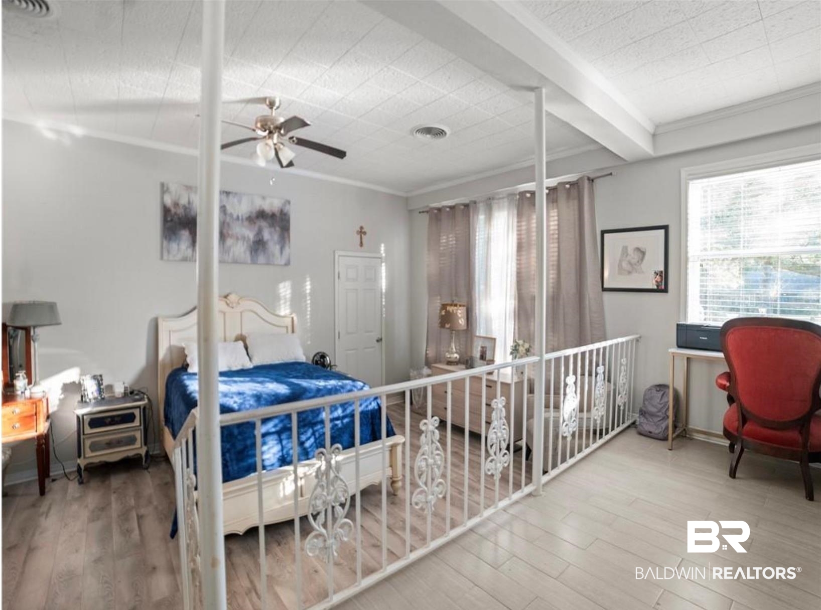1420 Vega Drive Mobile, AL 36693 - Photo 6 of 18 Bedroom with wood finished floors, ornamental molding, ceiling fan, and beamed ceiling
