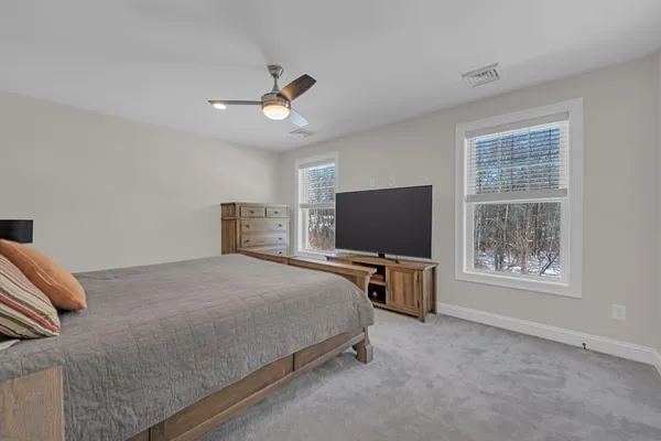 a bedroom with bed and tv