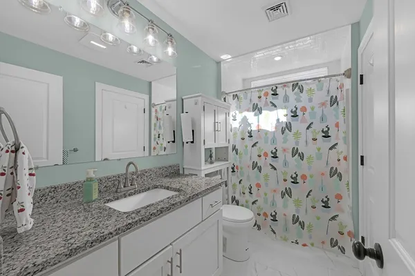 a bathroom with a granite countertop sink a toilet a mirror a vanity and shower