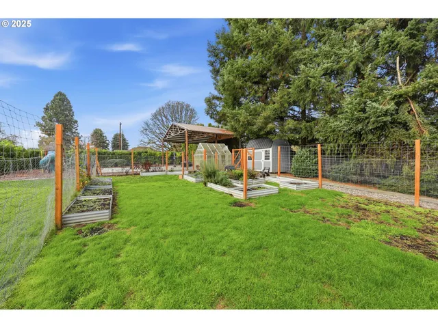 a garden view with a sitting space