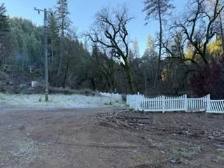 a view of a yard with wooden fence