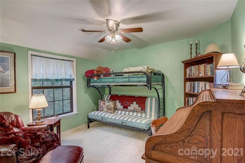 3271 Polk County Line Road Rutherfordton, NC 28139 - Photo 35 of 48 a bedroom with a bed a bookshelf and a potted plant
