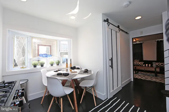 a kitchen that has a stove and a table