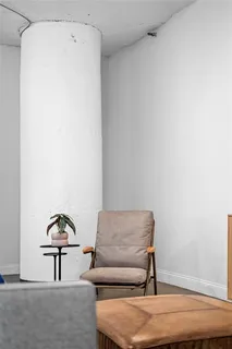 a living room with a couch and a potted plant