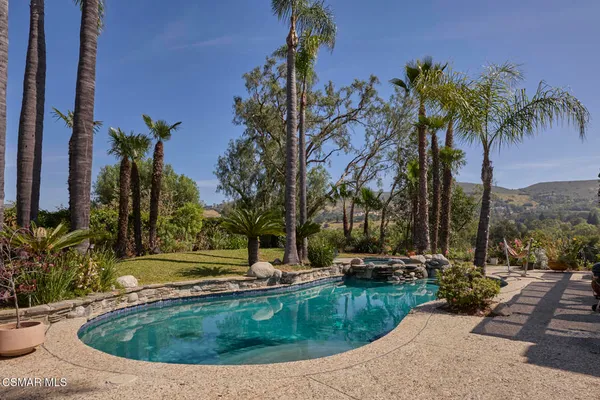 a view of a swimming pool with a yard