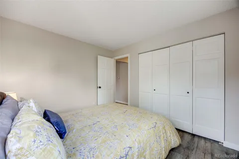 a bedroom with a bed and a closet
