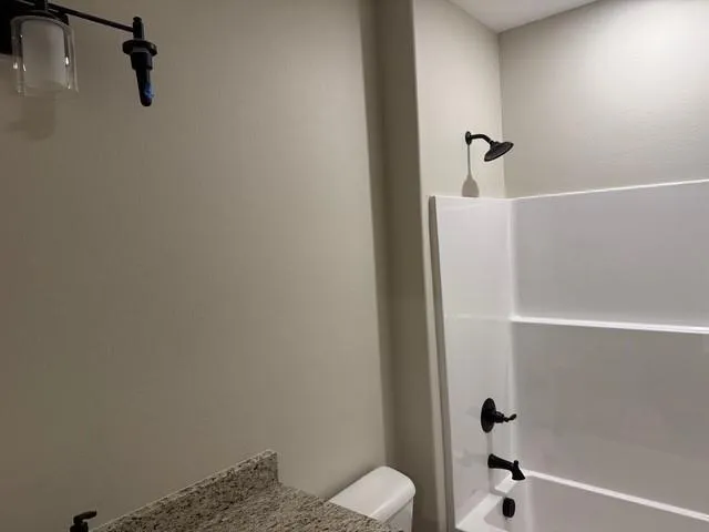 a bathroom with a shower and toilet