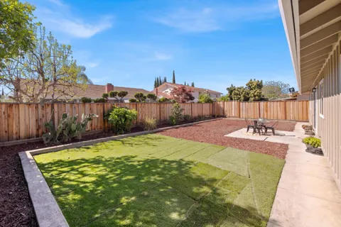 a view of a backyard with plants and a patio
