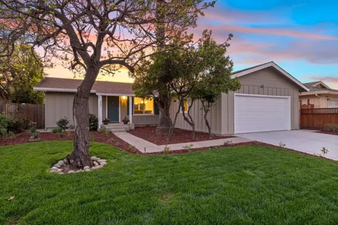 a front view of house with a garden