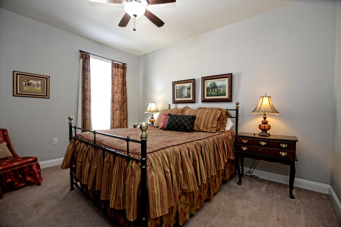 113 Cathedral Mountain Pass Georgetown, TX 78633 - Photo 22 of 29 a bedroom with a bed and a chandelier