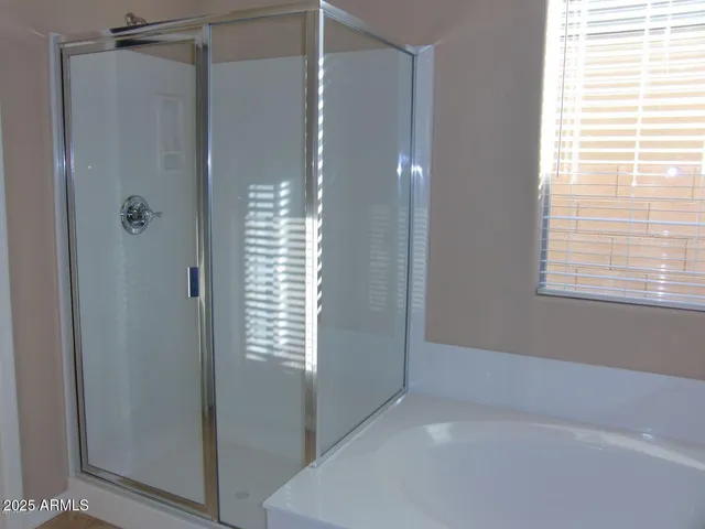 a bathroom with a shower and a window