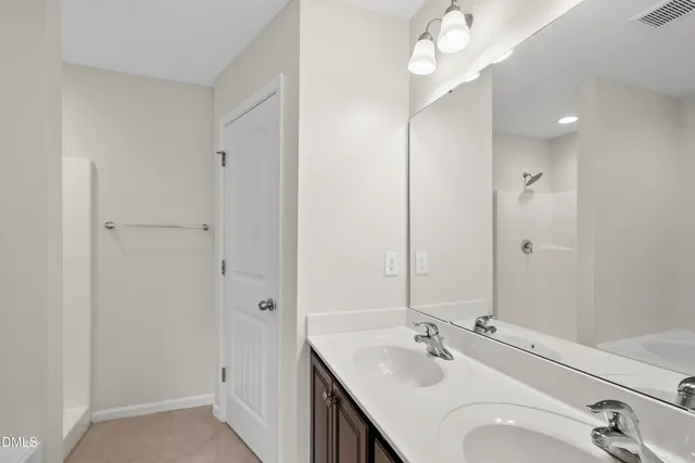 a bathroom with a sink vanity and a mirror