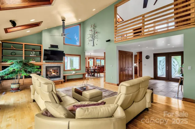 a living room with furniture fireplace and a potted plant