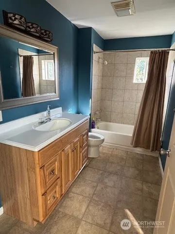 a bathroom with a sink a toilet a mirror and bathtub