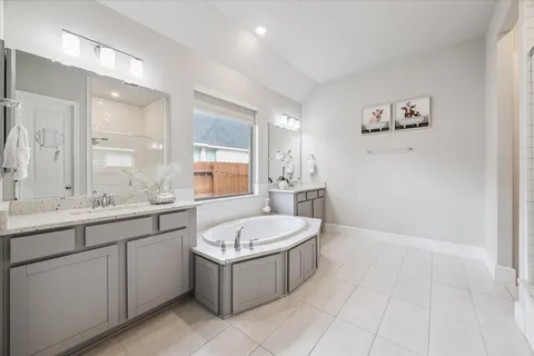 a bathroom with a sink a bathtub a mirror and a bathtub