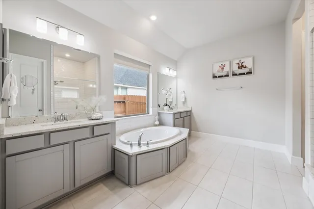 a bathroom with a sink a bathtub a mirror and a bathtub