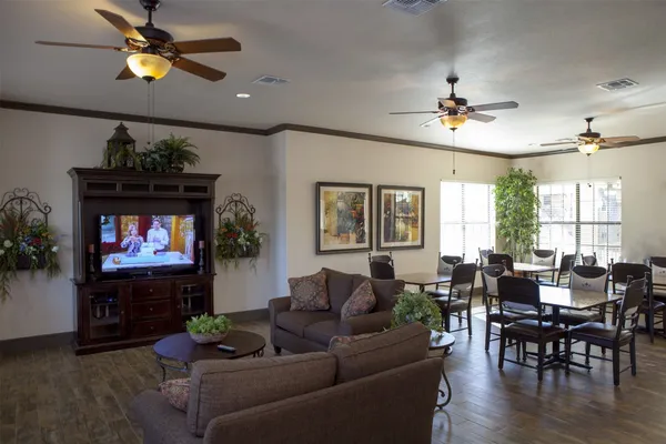 a living room with furniture a chandelier and a fireplace