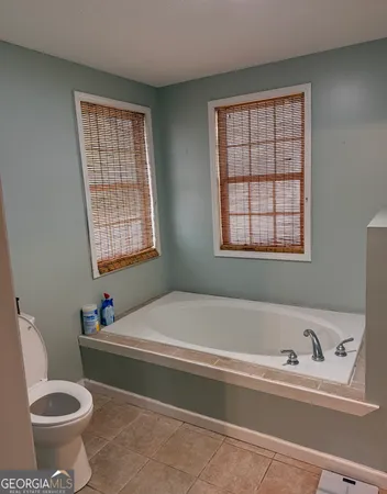 a bathroom with a bathtub and a toilet