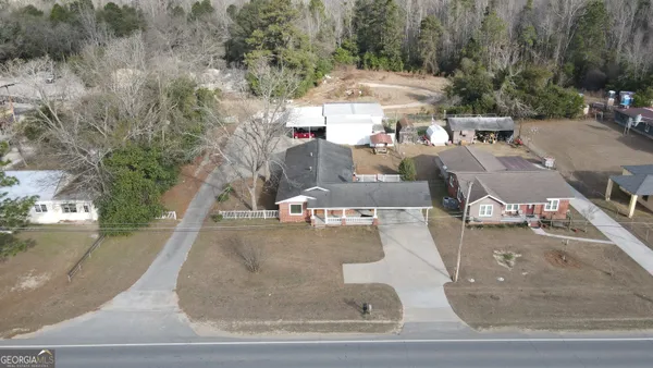 an aerial view of a swimming pool