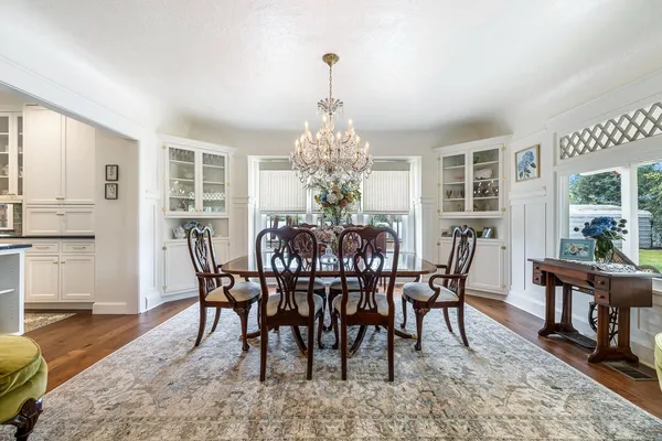 a view of a dining room with furniture