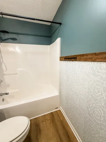 a bathroom with a toilet and a bathtub