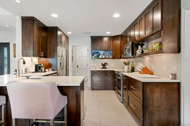a view of a dining room with furniture