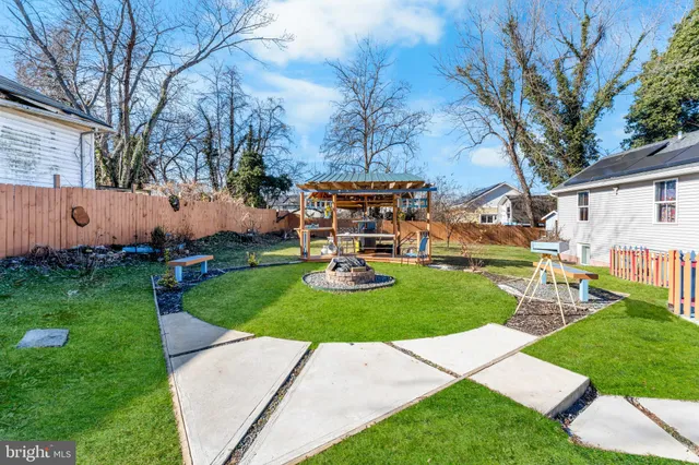 a view of a backyard with sitting area