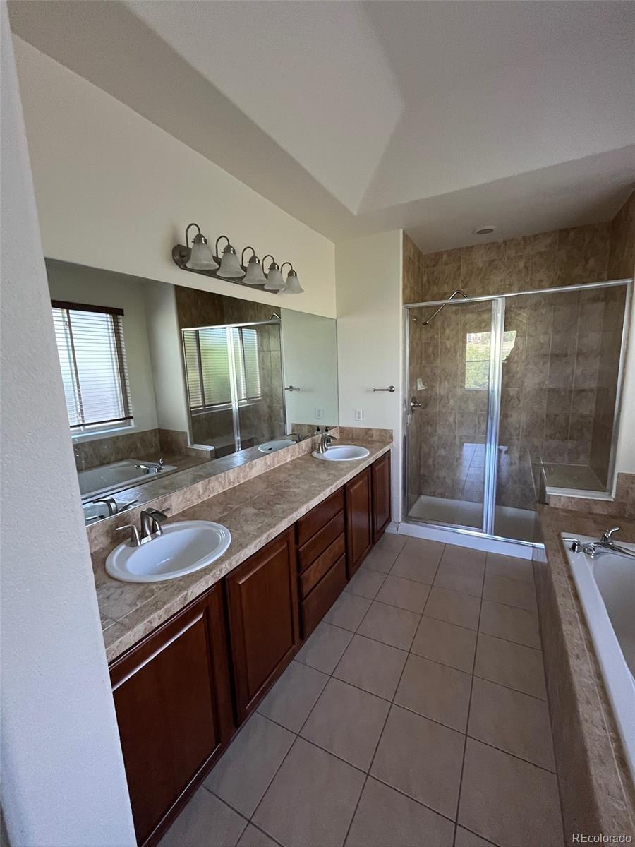 10158 RidgeGate Circle Lone Tree, CO 80124 - Photo 13 of 15 a bathroom with a granite countertop sink a mirror and a shower