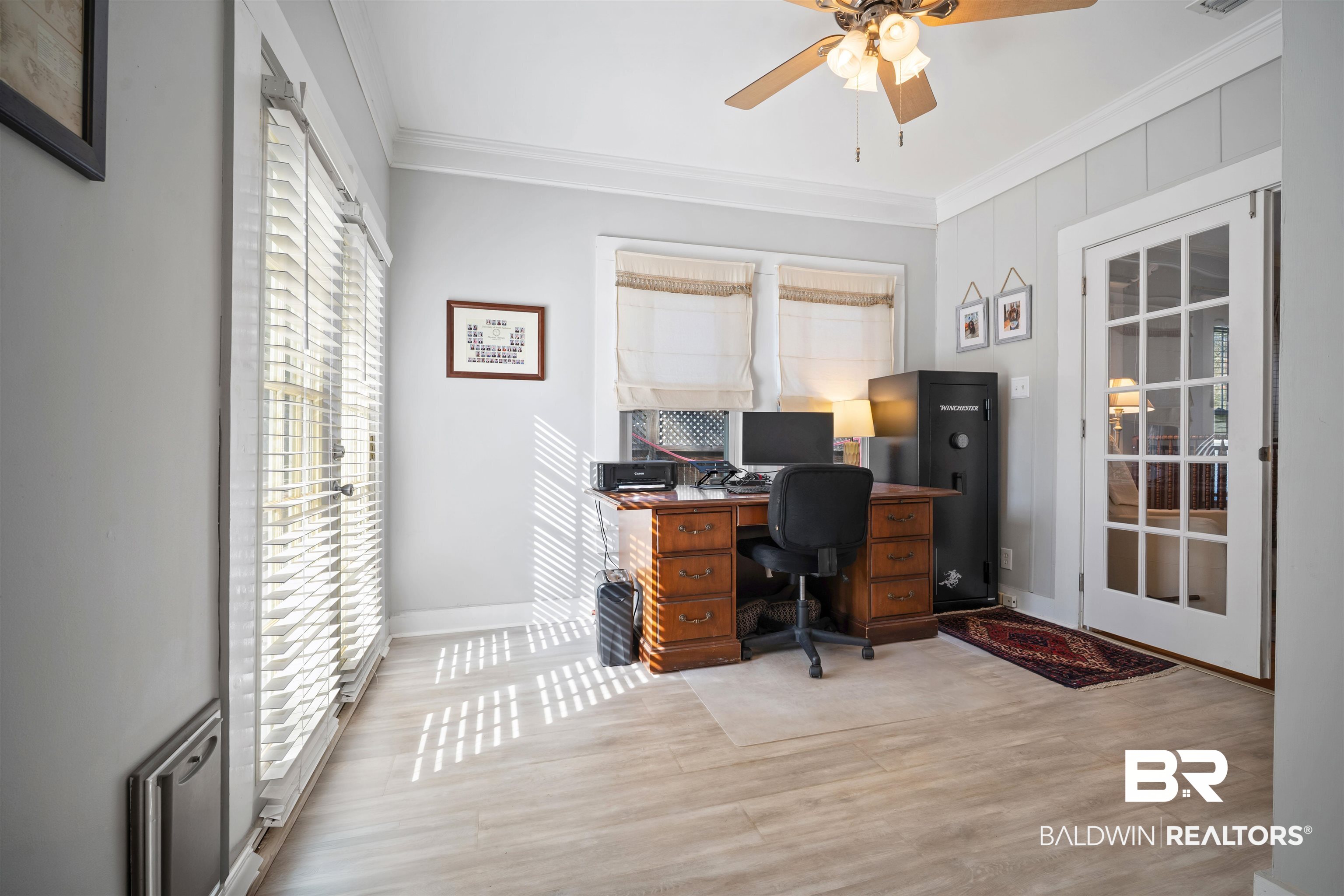 168 Mohawk Street Mobile, AL 36606 - Photo 25 of 31 Office featuring crown molding, light wood-type flooring, and a ceiling fan