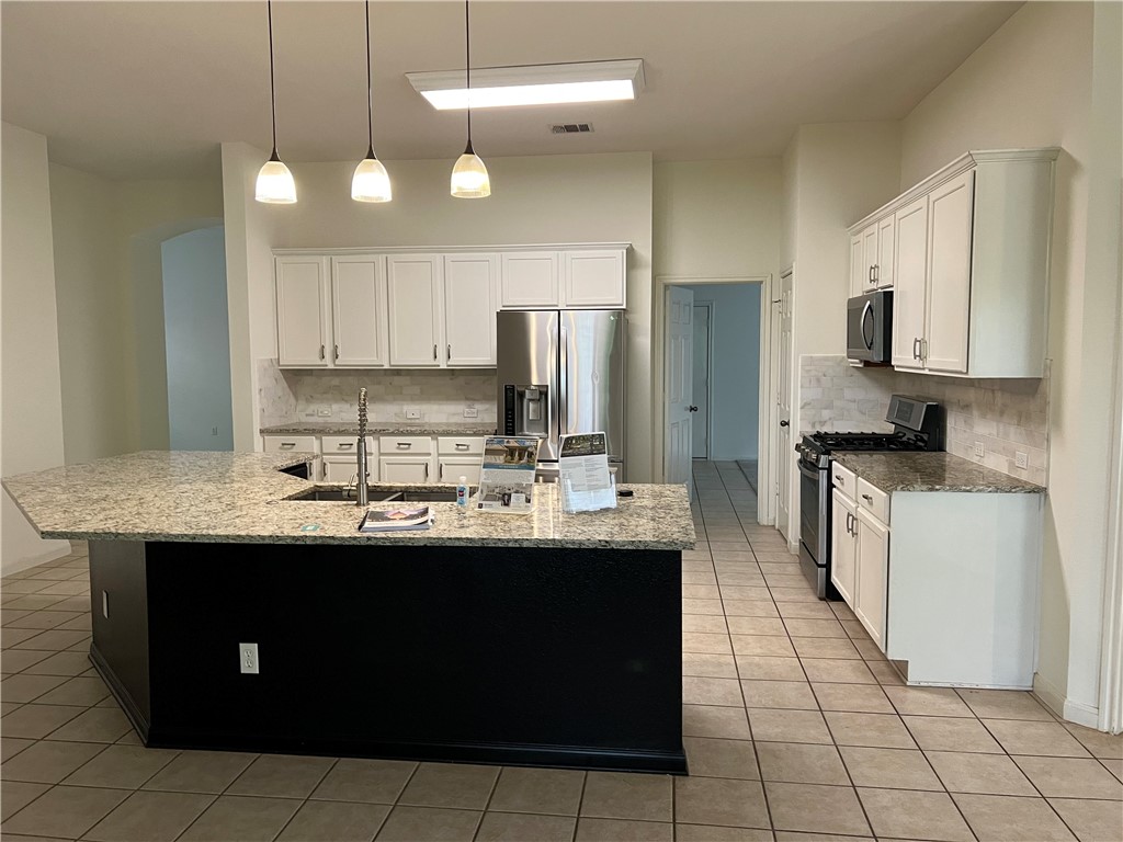 507 Red Hawk Drive Leander, TX 78641 - Photo 4 of 14 a kitchen with kitchen island granite countertop a sink counter top space cabinets and stainless steel appliances