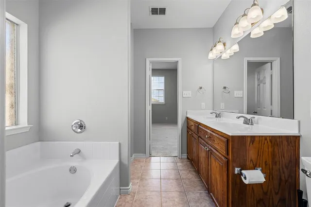 a bathroom with a double vanity sink mirror bathtub and shower