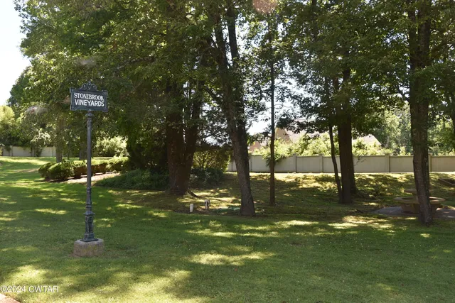 a backyard of a house with plants and large trees