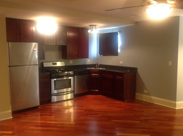 5201 South Indiana Avenue, Unit G Chicago, IL 60615 - Photo 4 of 5 a kitchen with kitchen island granite countertop wooden floors and stainless steel appliances