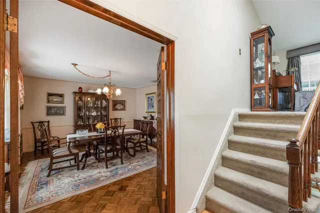 a view of a dining room with furniture