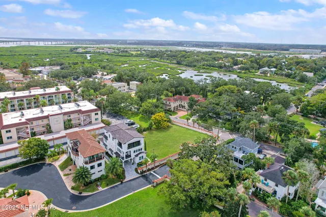 an aerial view of residential houses with outdoor space and street view