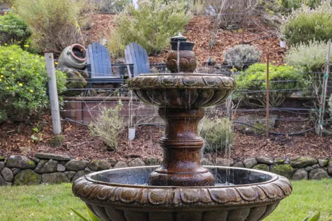 a view of a garden with plants and a lake view