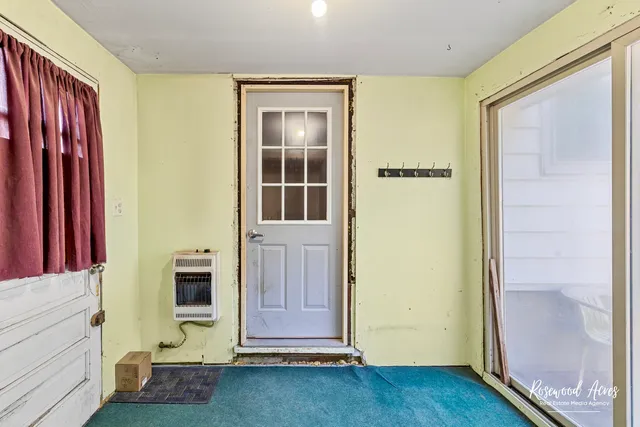 a view of a garage with storage