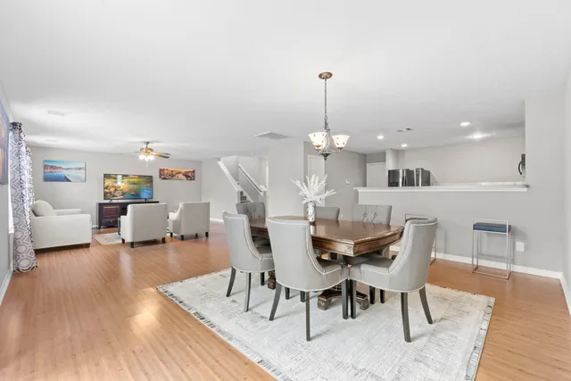 a view of a dining room with furniture