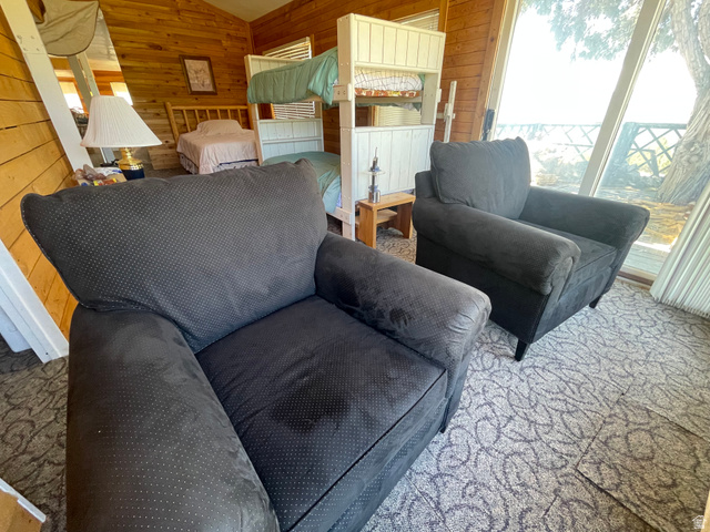 4648 West Taylor Flt Road Salina, UT 84654 - Photo 12 of 20 Wood-paneled interior walls define this room featuring large-format windows, a built-in bunk bed structure, and patterned carpeting