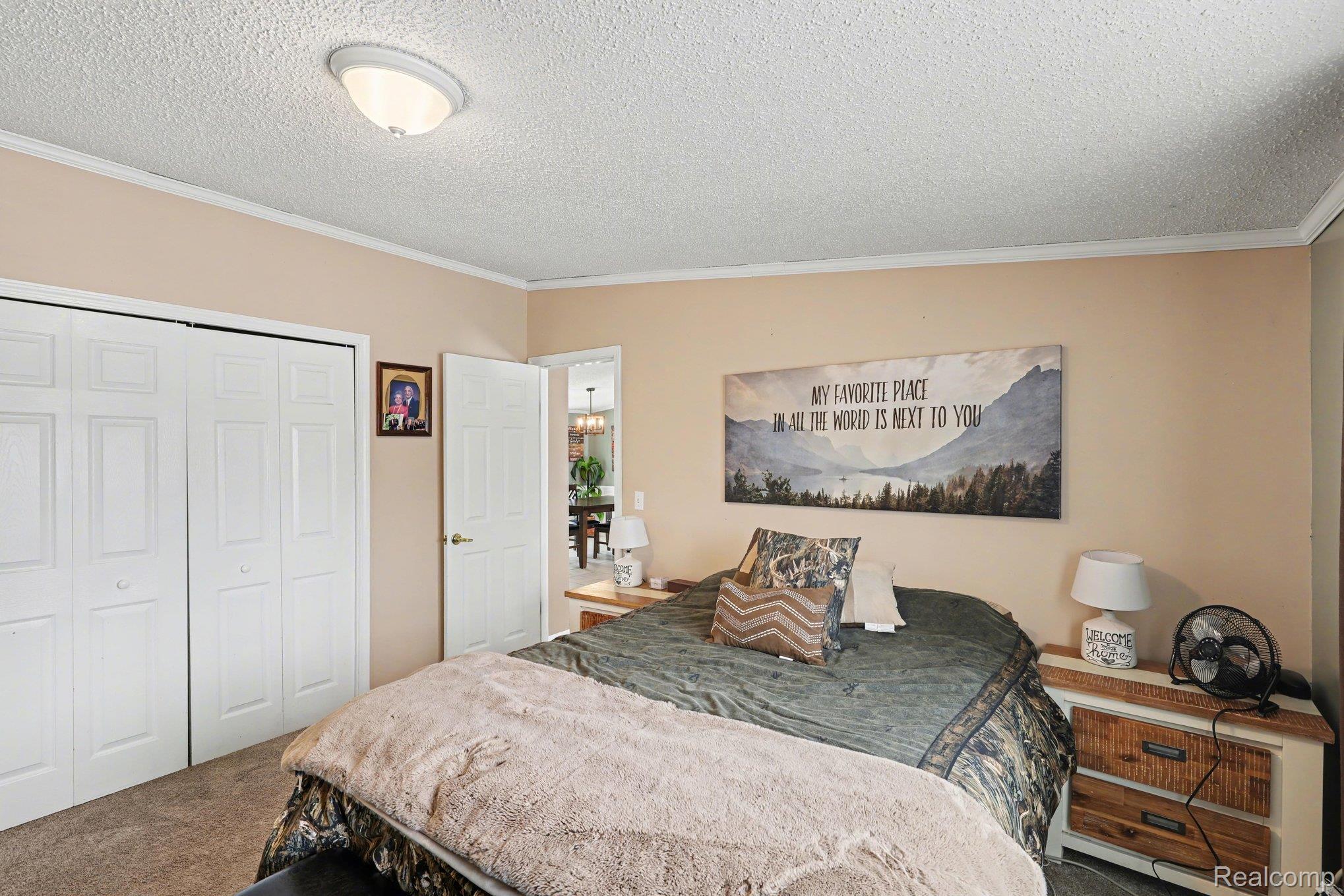 4458 Palms Road Casco, MI 48064 - Photo 19 of 32 Carpeted bedroom featuring a closet, ornamental molding, and a textured ceiling