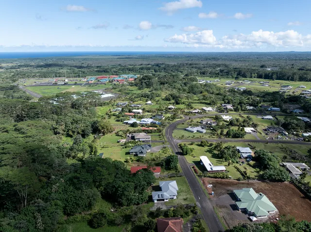 an aerial view of residential houses with outdoor space and trees