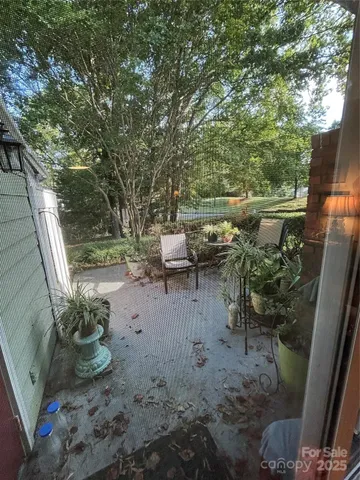 a view of a yard with furniture and wooden floor
