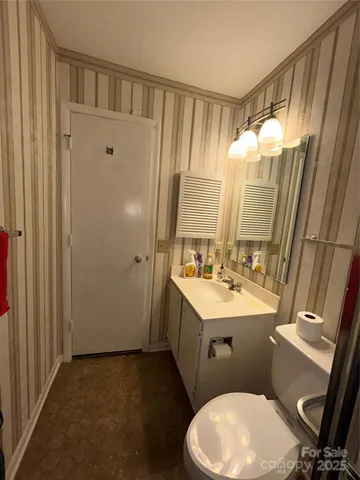 a bathroom with a sink mirror vanity and toilet