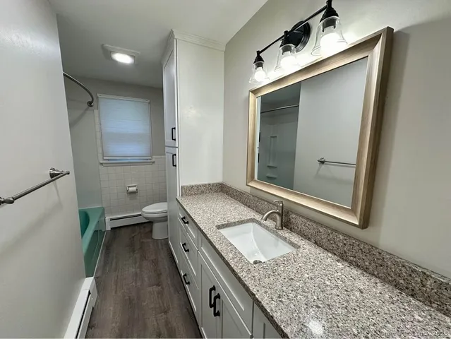 a bathroom with a granite countertop sink mirror and toilet